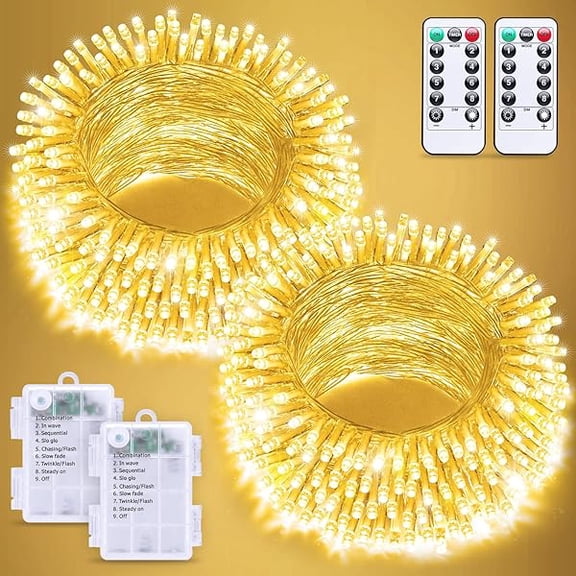 CJB 2 Pack Battery Operated String Lights with Remote, Total 66ft 200 LED Classroom Lights, Battery Christmas Light Outdoor Indoor for Bedroom Classroom Dorm Yard Tree Party Decor(Warm White)