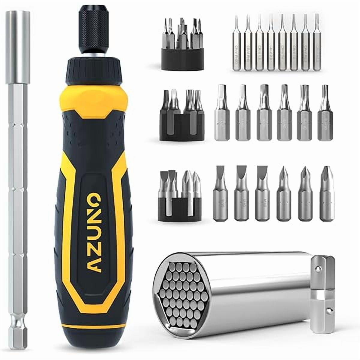 CJB 24 IN 1 Ratchet Screwdriver Set with Universal Socket, 20 CRV Bits Stored in Handle, 12+8 Slotted/Philips/Torx/Hex/Square Sand Blasted Bits and Chrome Plated Precision bits.
