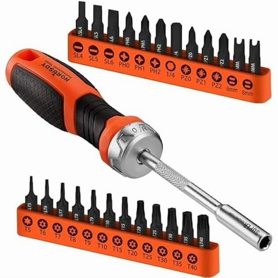 CJB 25-Piece Security Torx Screwdriver Bit Set | T5-T40 Torx Bit Set 1/4 inch Ratcheting Magnetic Bit Driver | 12Pcs T-Drive Bits and 12Pcs Common Bit