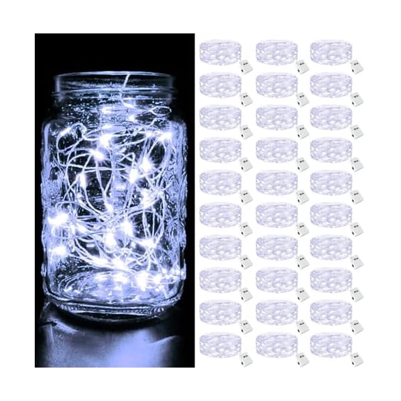 CJB 30 Pack LED Fairy Lights Battery Operated [3 Modes] Twinkle Lights, 7FT 20 LED Mini String Lights Mason Jars Silver Wire Small Christmas Wedding Party, Cold White