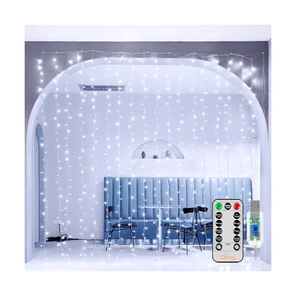 CJB 300 LED 9.8ftx9.8ft Outdoor Waterproof Christmas Curtain Lights with Remote Timer 8 Modes, USB Powered, Cool White