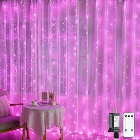 CJB 300 LED Pink Curtain Lights Indoor, Christmas Lights Plug in, 8 Modes Pink String Lights for Bedroom Window Wall Party Backdrop Xmas Valentine Decorations, 9.8x9.8ft