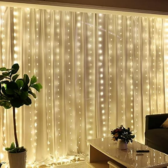 CJB 300LED Fairy Curtain Lights for Bedroom Warm White, 3mx3m 8 Modes USB Plug in Window Christmas Led String Hanging Lights with Remote for Backdrop Wedding Party Home Garden Outdoor Indoor