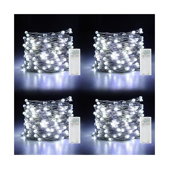 CJB 4 Pack Fairy Lights Battery Operated, String Lights 10ft 30 LEDs, Flashing and Constant Light Mode, Silver Wire Mini Lights for Festival, Christmas Decoration, White