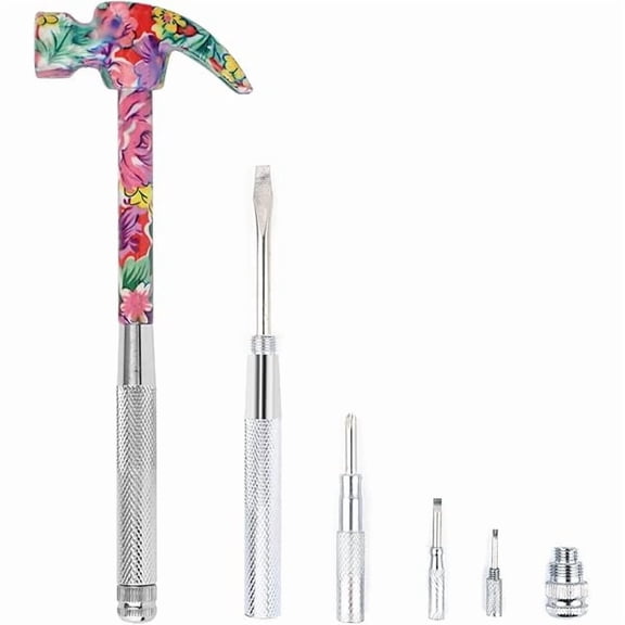 CJB 6 in 1 Multifunctional Floral Hammer & Screwdriver Tool Set Claw Hammer with Slotted/Flat Head Phillips Screwdriver Nail Puller Best Christmas Thanksgiving Halloween Gift for Her(Pink)