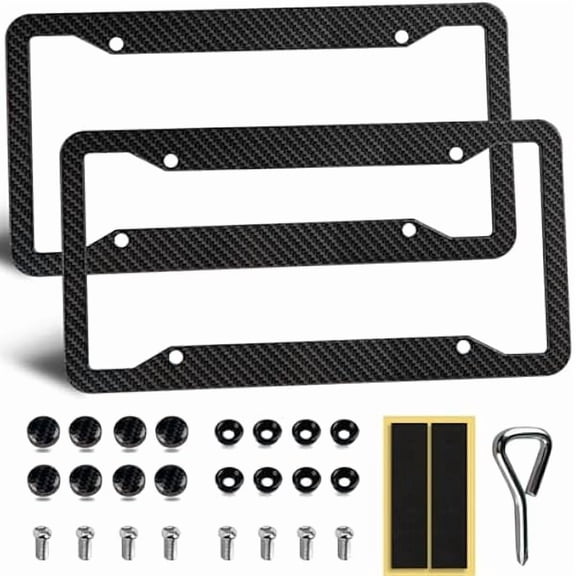 CJB Aluminum License Plate Frames for Front & Rear, 2 Pack Heavy Duty Rust Proof Car Tag Holder, with Mount Hardware, Screws Caps, 8 Rattle Proof Pads, Screwdriver, Carbon Fiber Pattern