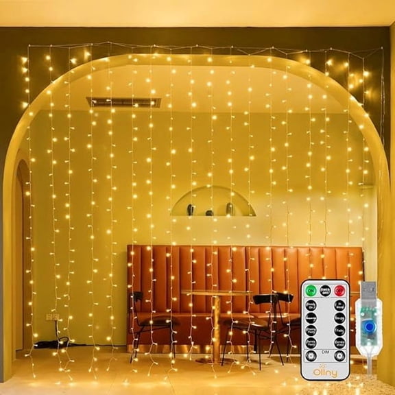 CJB Christmas Curtain Lights 300 LED 9.8 FTx9.8 FT, Outdoor Waterproof Curtain String Lights with Remote Timer 8 Modes, USB Waterfall Window Lights for Wall Backdrop Home Decorations (Warm White)