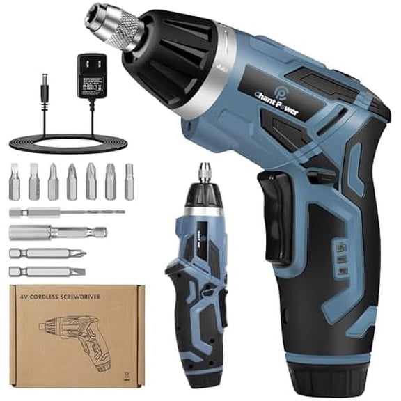 CJB Cordless Electric Screwdriver Set, 6+1 Torque Gears,1/4'' Hex Self-Lock Chuck, 4V Small Rechargeable Screwdriver with 11 pcs Accessories, Flashlight, Charger Blue