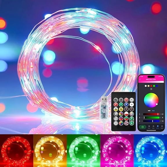 CJB Fairy Lights Color Changing, 33ft 100 LED USB RGB String Lights with Remote & APP Controlled, Music Sync Fairy Lights for Bedroom, Christmas String Lights for Indoor Decoration