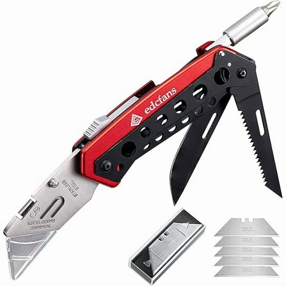 CJB Folding Utility Knife Box Cutter with 5 Razor Blades, Pocket Utility Knives, Screwdriver, Saw, Lock Design, Clip and Holder for Belt, EDC Heavy Duty Work Knifes, Fathers Day Dad Gifts for Papa