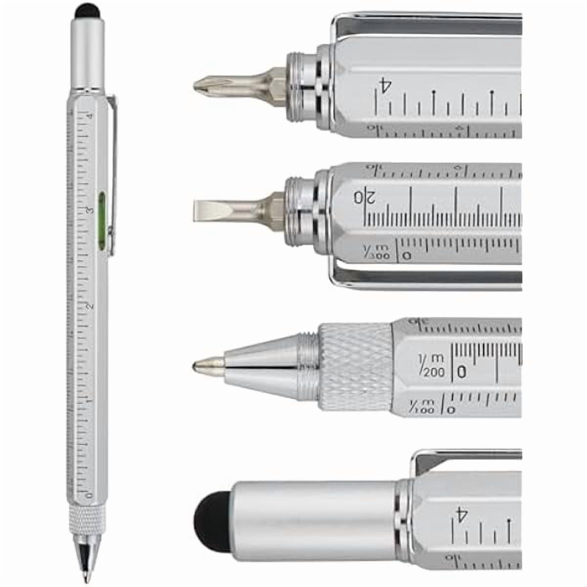 CJB Gifts Multi Tech Tool Pen 6 in 1 Stylus Pen - Screwdriver Pen with Ruler, Levelgauge, Ballpoint Pen Black Ink (Silver)