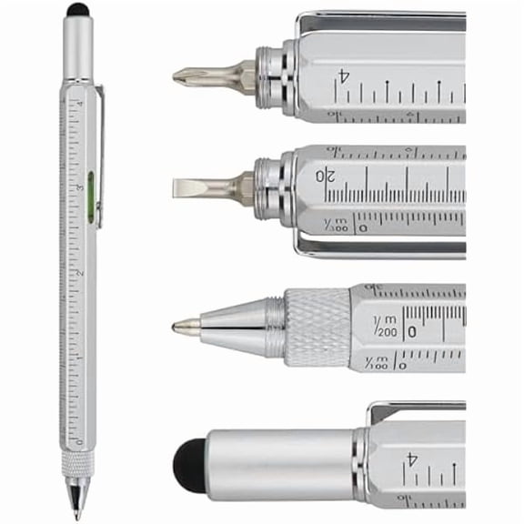 CJB Gifts Multi Tech Tool Pen 6 in 1 Stylus Pen - Screwdriver Pen with Ruler, Levelgauge, Ballpoint Pen Black Ink (Silver)