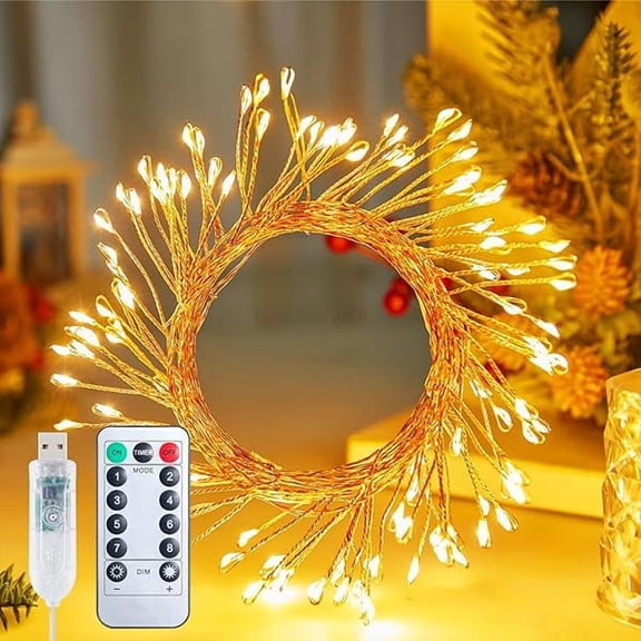 CJB LED Firecracker Cluster Lights - 10FT 120LED Plug in Twinkle String Lights with Remote, USB Powered Silver Wire Light for Bedroom Wreath DIY Party Wedding Christmas Holiday Decoration
