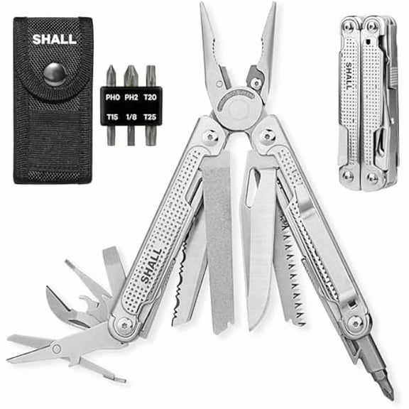 CJB Multi Tool, 18-in-1 Multitool Pliers, Stainless Steel Multi-tool Pocket Knife w/Screwdriver Bit, Self-locking Multipurpose Tool w/Sheath for Camping Fishing Survival Hunting