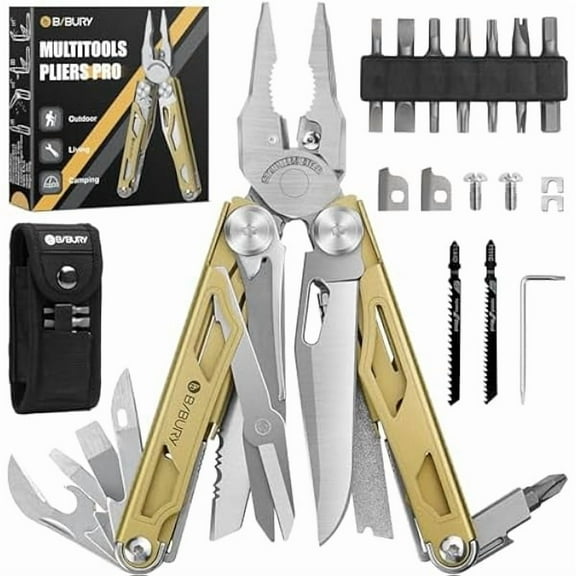 CJB Multitool Pliers Pro BI2045, 31-in-1 Stainless Steel Multi Tool with Replaceable Wire Cutters and Saw, Foldable Heavy-duty Multitool Set with Scissors and Screwdriver for Hiking Camping Repair