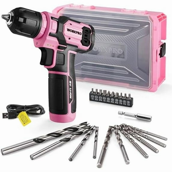 CJB Pink Power Drill Set and Stackable Tool Box, 8V Cordless Drill Driver with Bit Set, 2.0Ah Electric Cordless Screwdriver Kit with 3/8" Keyless Chuck, For Home DIY- Pink Ribbon