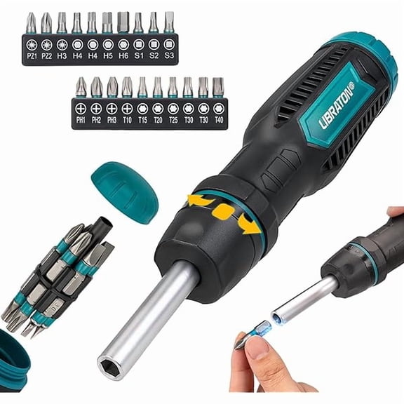 CJB Ratcheting Screwdriver Set, Multi-bit Screwdriver Tool, 33-in-1 Magnetic Ratchet Screw Driver, Slotted/Philips/Pozi/Torx/Hex/Square Bits, Ergonomic Handle for Home, Auto & DIY