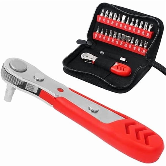 CJB Right Angle Screwdriver Set, Low Profile 26 Piece Small Ratchet, Stubby 90 Degree Ratcheting Screwdriver, Mini 1/4 Bit EDC Tool for Tight Spaces, Bike