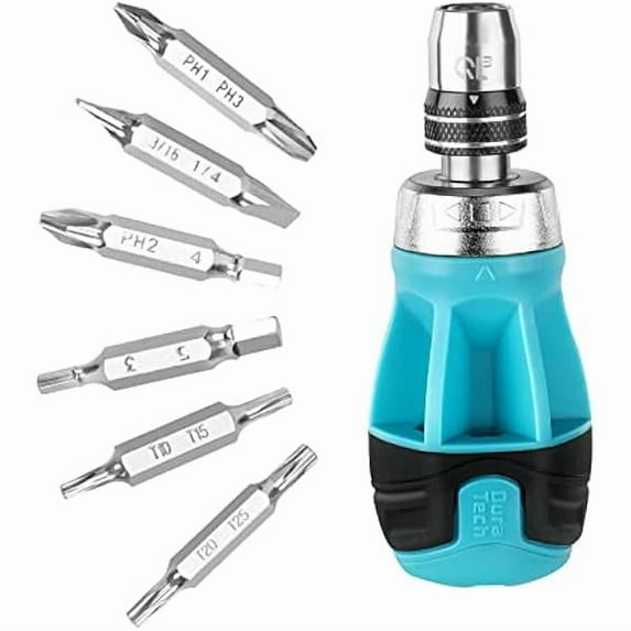 CJB Stubby Ratcheting Screwdriver, 12-in-1 Multibit Short Screw Drivers, Premium S2 Steel, Innovated Bits Quick-Load Mechanism, with Phillips, Slotted, Torx, Square Bits Stored in Handle