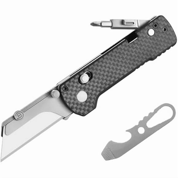 CJB U1 Pro Multitool Folding Utility Knife with Folding Screwdriver, Quick Change Blade, Rail Lock & Pocket Clip for Men and Women (Carbon Fiber Overlay