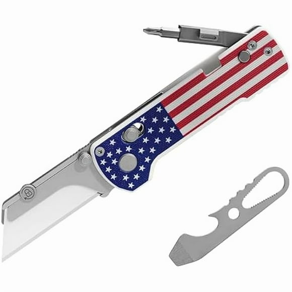 CJB U1 Pro Multitool Folding Utility Knife with Folding Screwdriver, Quick Change Blade Utility Knife, Rail Lock & Pocket Clip for Men Women (Stars&Stripes)