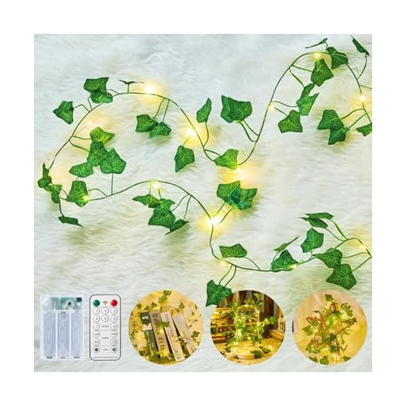 CJB Vine Lights for Bedroom, 21ft 60LED Fairy Lights Battery Operated with Remote Control, 8 Lighting Modes Ivy Vines String Light for Bedroom Room Wall Wedding Christmas, Warm White