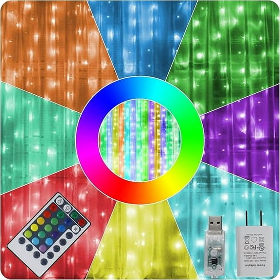 CJB Window Curtain String Lights, 300 LED RGB 16 Colors Changing Fairy Lights, 4 Modes with Remote, USB & Adapter Powered for Halloween Christmas Party Wedding Home Garden Wall Decorations