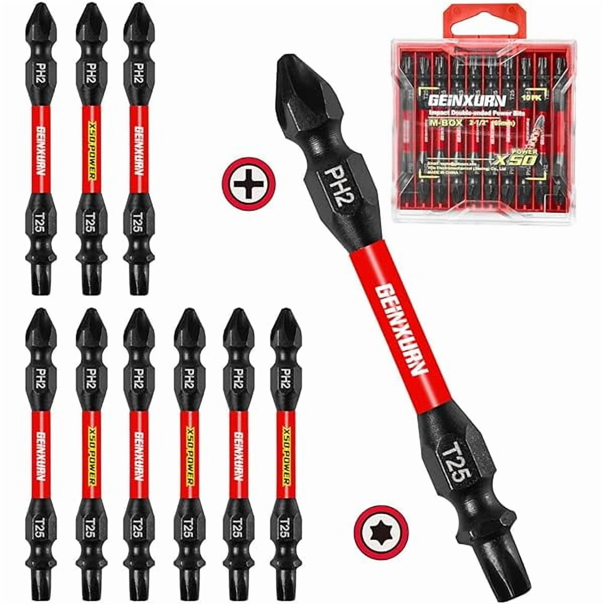 CJB10Pcs PH2-T25 Impact Double End Screwdriver Bit Set, 2.56 in. #2 Phillips /#25 Torx Power Driver Bits, Magnetic S2 Steel Two Sides Screwdriver Bits Set with Storage M-Box