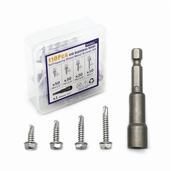 CJB110PCS #8 Sheet Metal Screws 410 Stainless Steel Hex Washer Head Fast Self Tapping Drilling Screws with Screwdriver Bit Silver