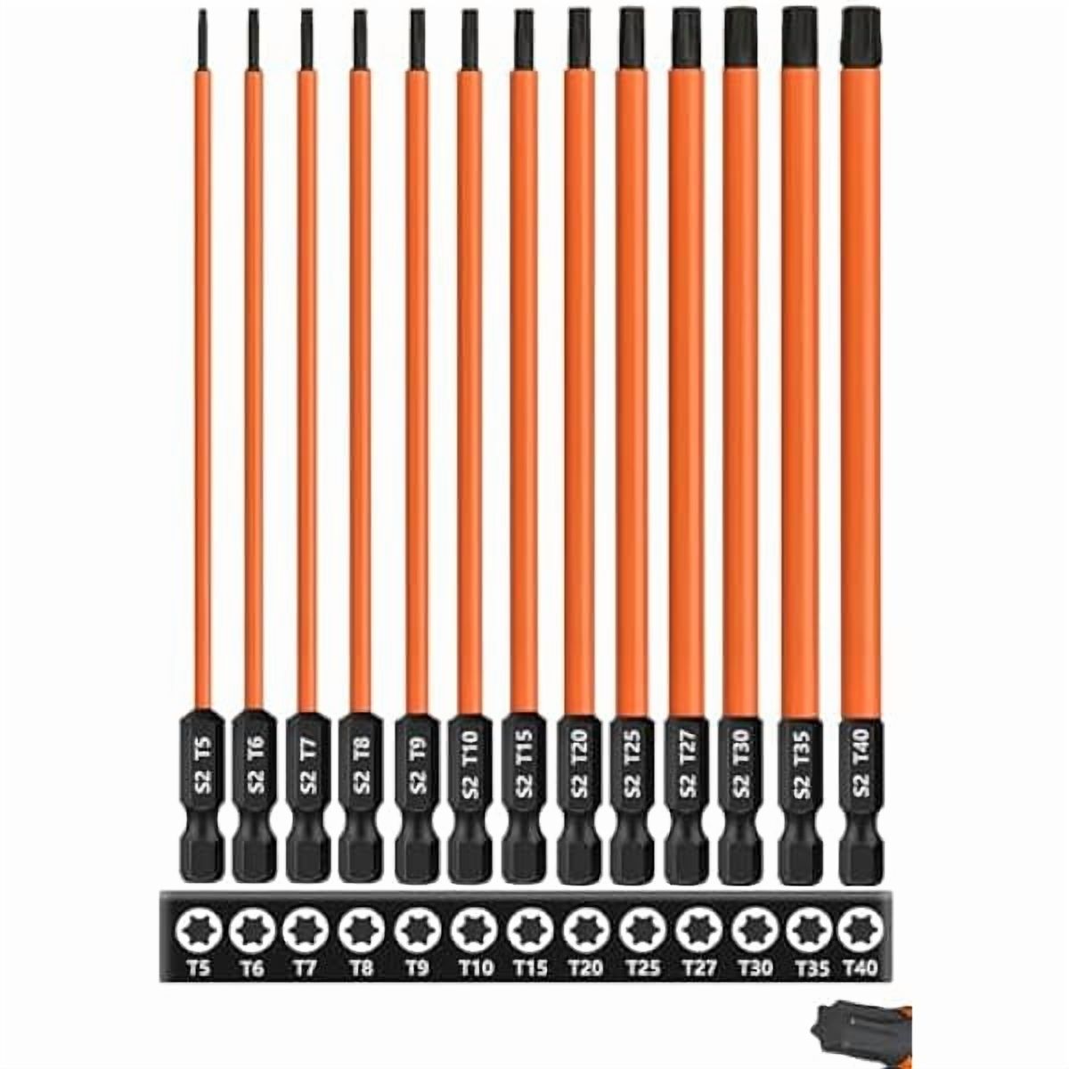CJB13-Piece 6 inch /150 mm Long Torx Bit Set for Impact Driver, S2 Steel Star Bit Set (T5-T40), 1/4'' Hex-Shank Magnetic Torx Screwdriver Bit, Torx Head Drill Bit Set with CNC Machined Tips