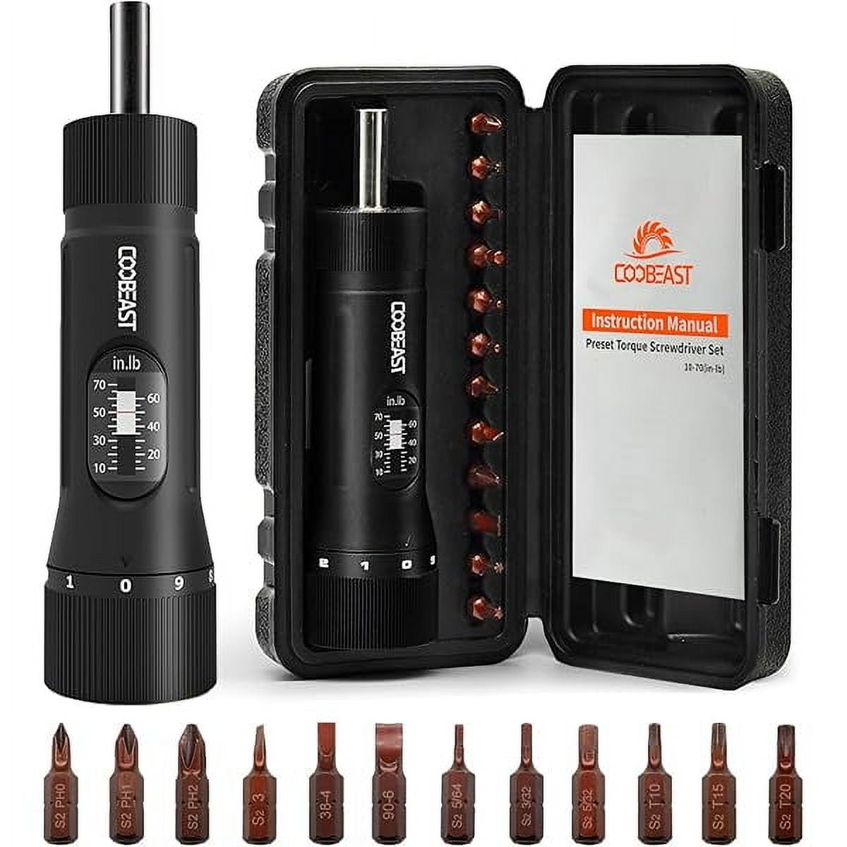 CJB13Pcs Preset Torque Screwdriver with S2 Bits, 1/4” Drive Torque Wrench Screwdriver Set for Maintenance, Tools, Bike Repairing and Mounting, Inch Pound Torque Range 10-70 In-lb