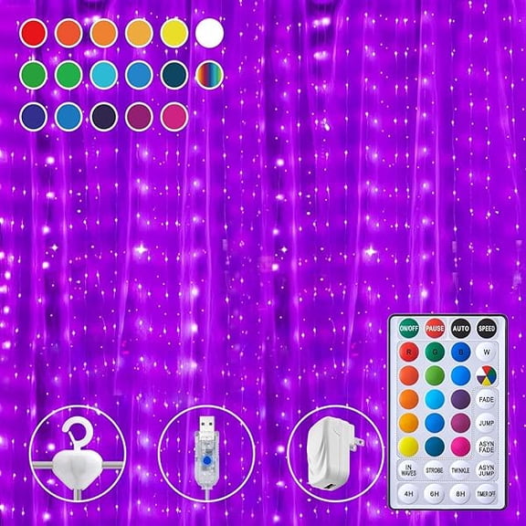 CJB16 Colors Changing Curtain Lights - 250 LED 9.8 X 8.8 FT Fairy String, 7 Modes Twinkle with Remote, Backdrop Wall Hanging Dripping for Bedroom Backyard Halloween Christmas Decor