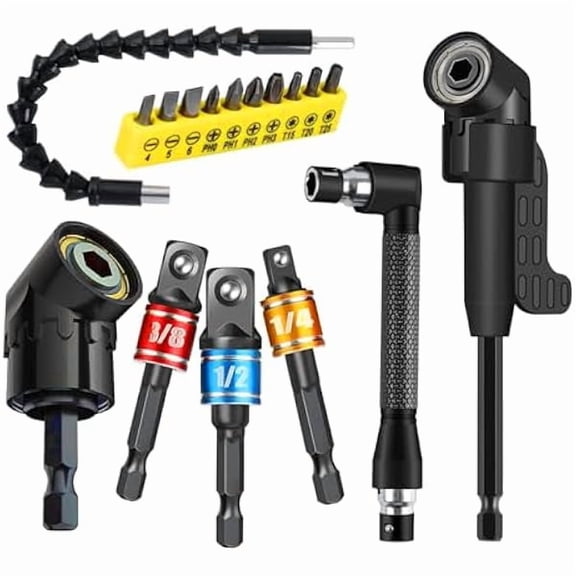 CJB17pcs Flexible Drill Bit Extension, Include 3pcs Impact Socket Adapter 2pcs Hex Shank 105 Right Angle Drill Attachment 10 Short Screwdriver Bits Bendable Drill Bit Extension and 90 Angled Bits