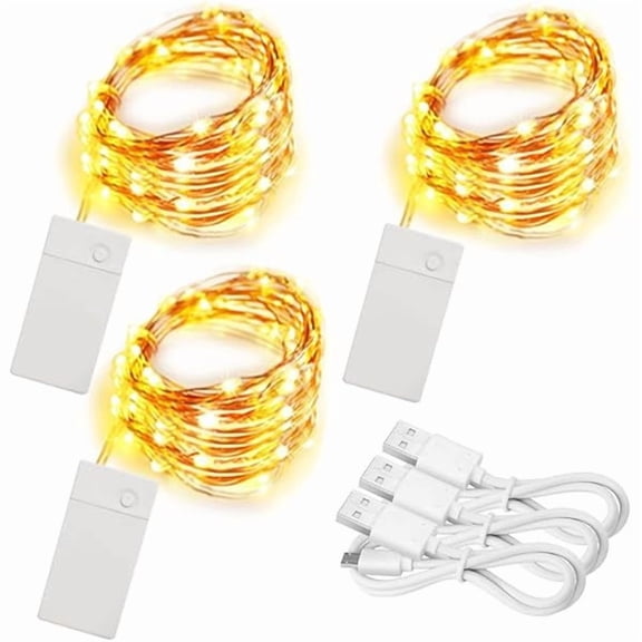 CJB3 Pack Rechargeable String Fairy Lights 10ft 30 LED, 4 Modes Copper Wire Christmas Starry Lighting, Waterproof Micro Firefly Moon Light, Warm White, Battery and USB Cable Included