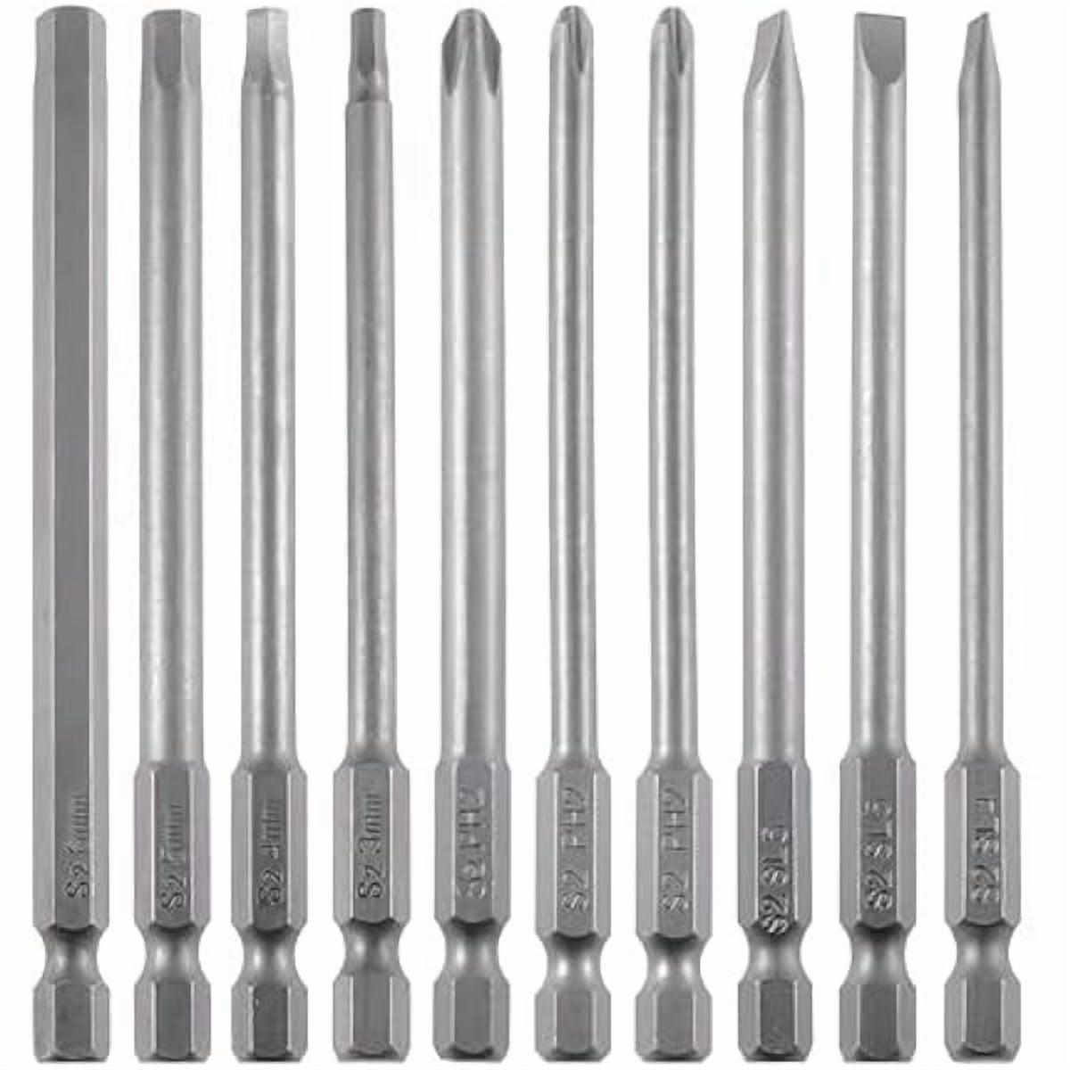 CJB3-in-1 Assorted Long Screwdriver Bit Set Hex Slotted Phillips 10PCS 1/4 Inch Hex Shank 4 Inch/100 mm S2 Steel with Magnetic for Power Screwdriver Drill Impact Driver