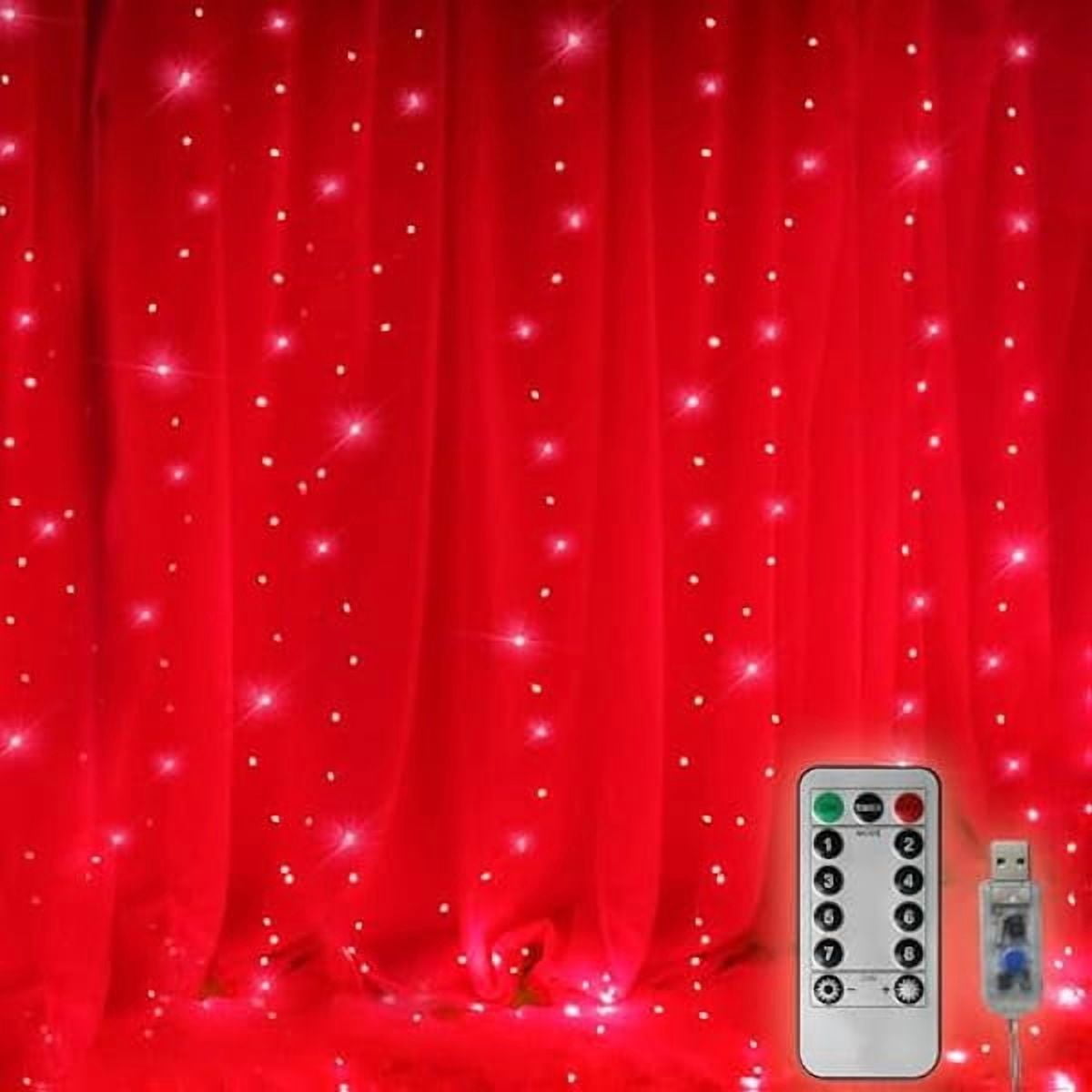 CJB300 LED Curtain Christmas String Lights, Backdrop Fairy Lights With Remote Control USB Power 8 Lighting Modes Window Red Lights for Bedroom, Home, Xmas, Valentines Day Decor - 9.8ft x 9.8ft