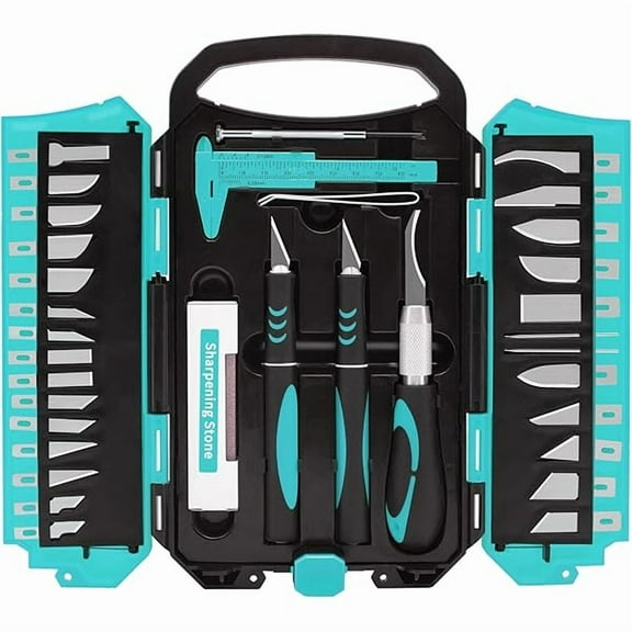 CJB34pcs Large Exacto Knife Set Blue Deluxe Craft Precision Knife Set Include 3pcs Craft Knives with Anti-Slip Rubber Grip, 25pcs Different Blades, 2pcs Needles, Sharpening Stone, Screwdriver