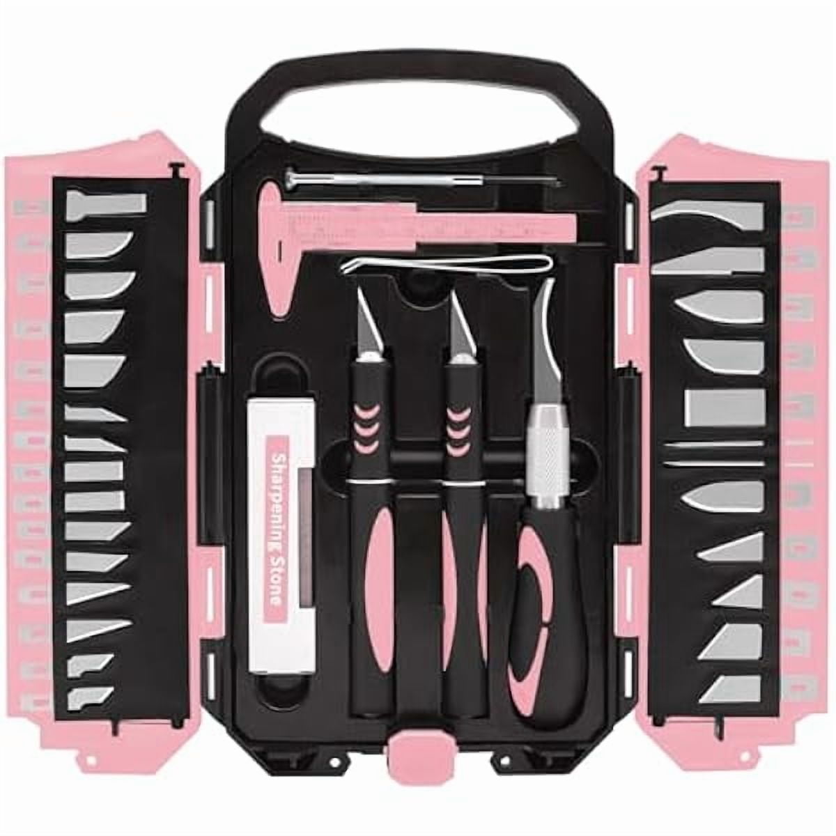 CJB34pcs Large Exacto Knife Set Pink Deluxe Craft Precision Knife Set Include 3pcs Craft Knives with Anti-Slip Rubber Grip, 25pcs Different Blades, 2pcs Needles, Sharpening Stone, Screwdriver