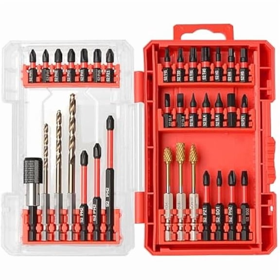 CJB35Pcs Impact Drill and Driver Bit Set with a Storage Case, 28 Magnetic Screwdriver Bits, 3 Hex HSS Drill Bits, 3 Burrs, Magnetic Quick Change Chuck, for Power Screwdrivers