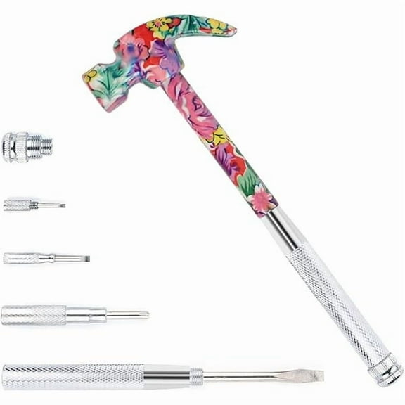 CJB6-in-1 Multifunctional Metal Flower Hammer & Screwdriver Tool Set, Slotted/Flat Head Phillips Screwdriver Nail Puller with Non Slip Handle, Best Gift for Sweetheart (pink)