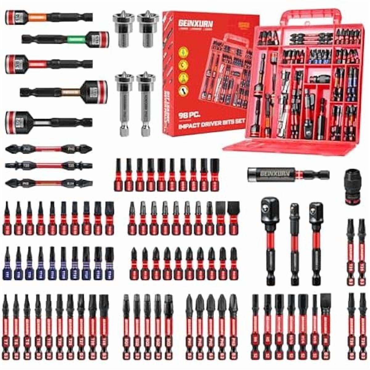 CJB98Pieces 1”/2” Impact Screwdriver Bits Set, Magnetic S2 Steel (Phillips/Slotted/Square/Torx/Hex/Security Torx) Driver Bits Tips,Impact Bit Holder and Nut Driver with Red Storage Box Case