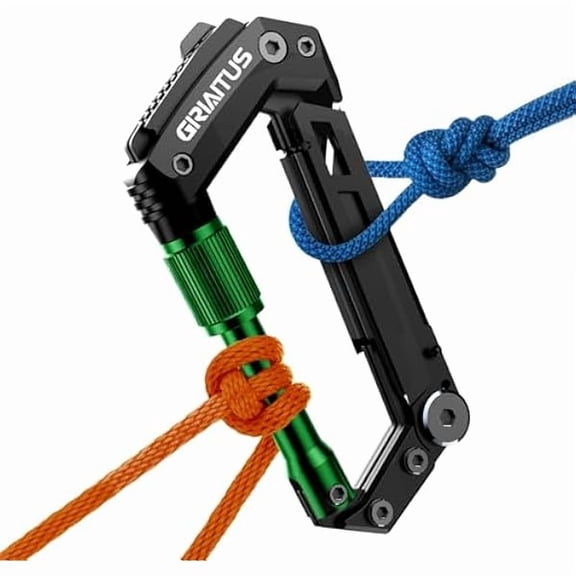 CJBCarabiner Multitool with Pocket Knives, EDC Carabiners, Serrated Knife, Rope Cutter, Screwdriver, Can Bottle Opener, Ruler, Folding Knife for Camping Hiking, Gifts for Men (Green)
