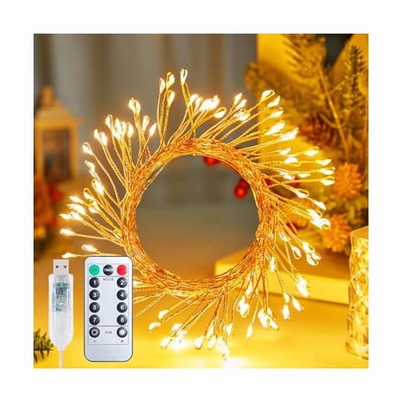CJBFairy Lights Plug in, 16.4Ft 200 LED USB Firecracker Twinkle Lights with Remote and Timer, Silver Wire Cluster String Light for Bedroom Indoor Wreath Party Wedding Christmas Decoration, Warm White