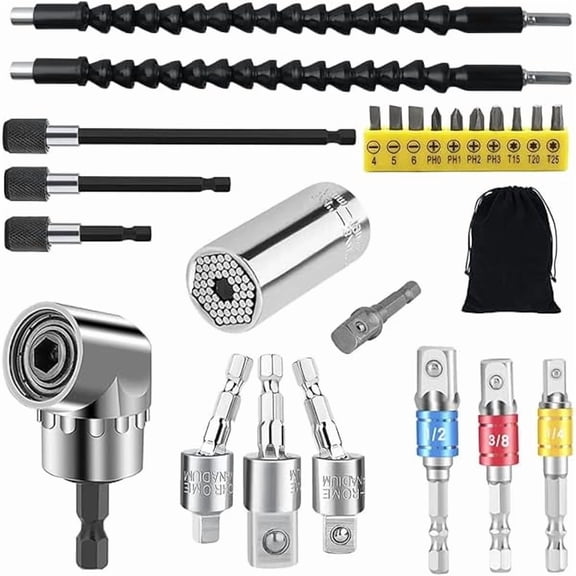 CJBFlexible Drill Bit Extension and Universal Socket Wrench Tool Set, Hex Shank 105 Right Angle Drill Attachmen, 3pcs 1/4 3/8 1/2" Universal Socket Adapter Set and Screwdriver Bit Kit