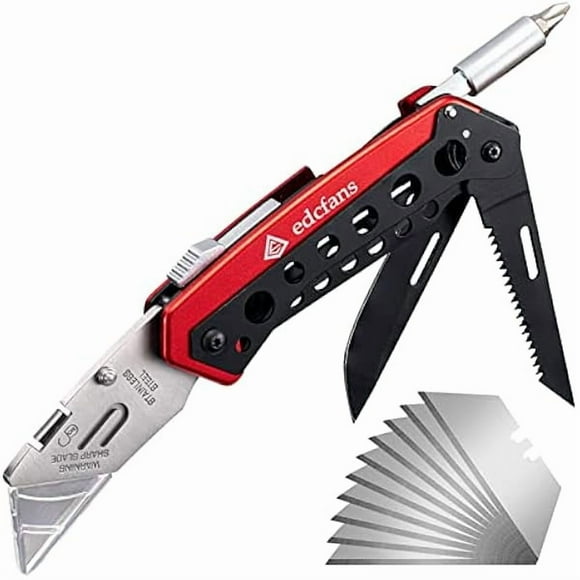 CJBFolding Pocket Utility Knife Heavy Duty Box Cutter with Flat Head and Phillips Screwdriver, Saw, Fruit Knife, Belt Clip, Quick Change Blades Lock Back Design(10 Blades)