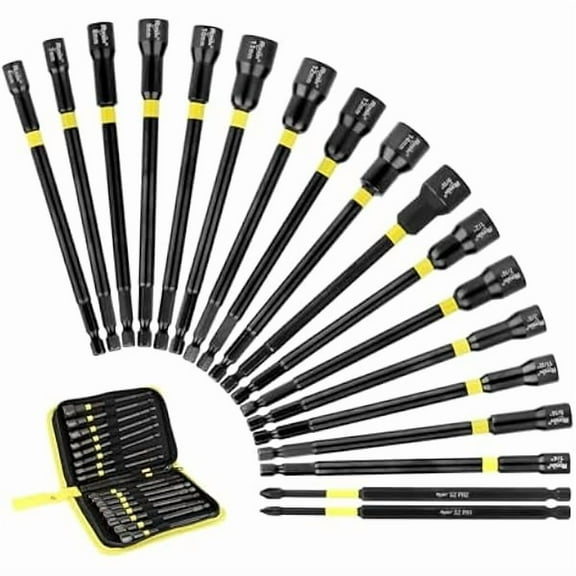 CJBMagnetic Long Nut Driver Set by , 18 Pcs Shank Nut Driver for Impact Drill Driver, SAE and Metric Screwdriver Bits, Hex Nut Setter Driver Holder, Quick-Release Extension with Storage Bag