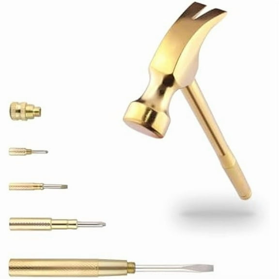 CJBMultifunction Hammer 6 in 1 with Slotted/Flat Head Phillips Screwdriver Claw Hammer Manual, Portable Metal Mini Tool Hammer (Gold)