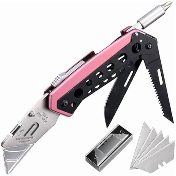 CJBPink Box Cutter Knife, Folding Utility Knife, 6 in 1 Razor Pocket Utility Knives Multitool with Clip, 5 Razor Blades, Screwdriver, Saw, Safe Lock, Work Knives, EDC Gadgets Gifts for Men Women