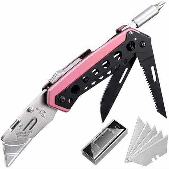 CJBPink Box Cutter Knife, Folding Utility Knife, 6 in 1 Razor Pocket Utility Knives Multitool with Clip, 5 Razor Blades, Screwdriver, Saw, Safe Lock, Work Knives, EDC Gadgets Gifts for Men Women