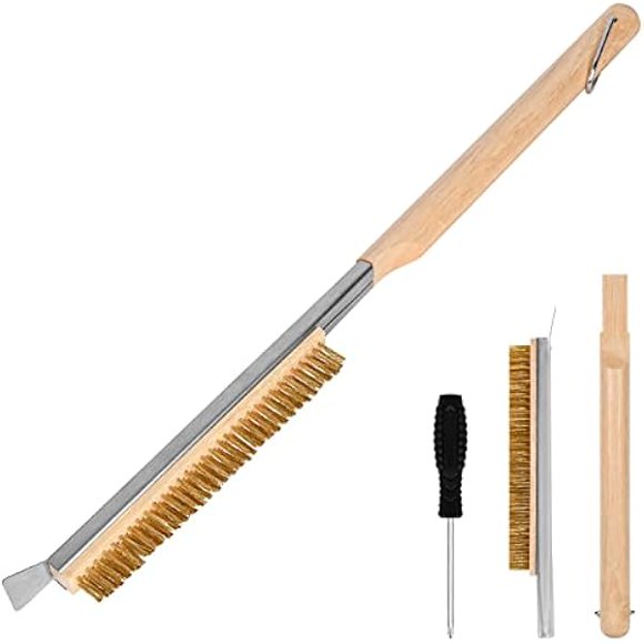 CJBPizza Oven Brush, 21" Brush and Stainless Steel Scraper for Pizza Stone, BBQ Grill Cleaning Brush Non Scratch Heat Proof Brass Bristles with Screwdriver, Outdoor Pizza Oven and Accessories